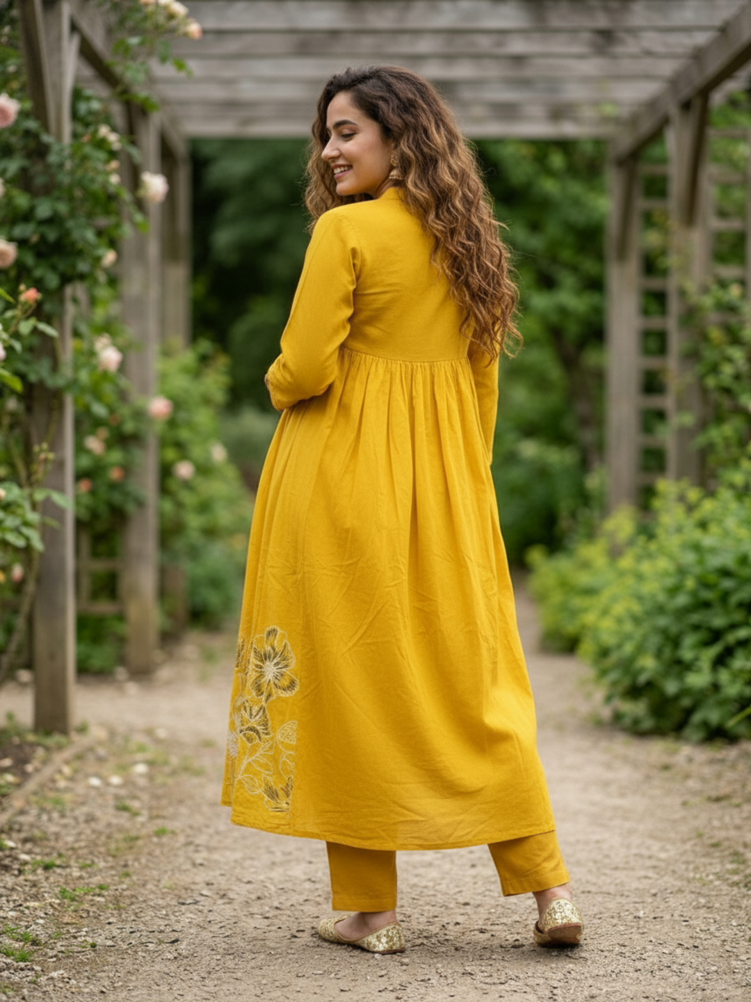 Abstract Printed Mirror Work Empire Cut A-Line Kurta with Palazzo - Yellow