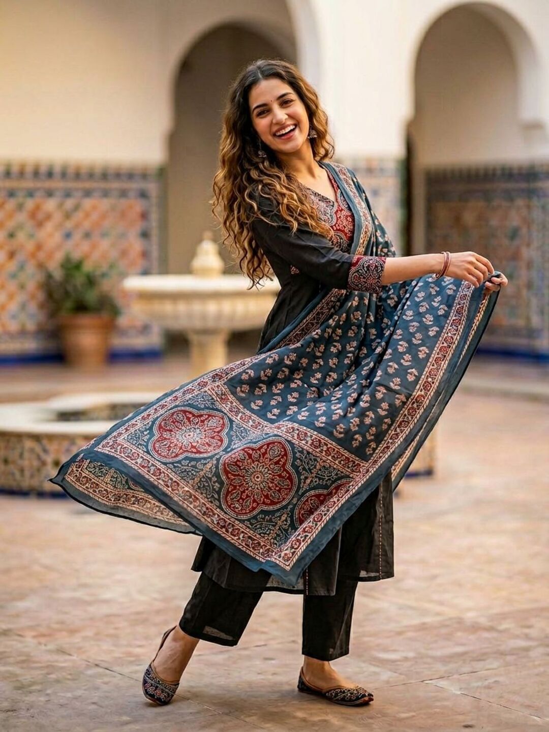 Printed Anarkali Kurta Set with Pant & Dupatta - Black & Teal