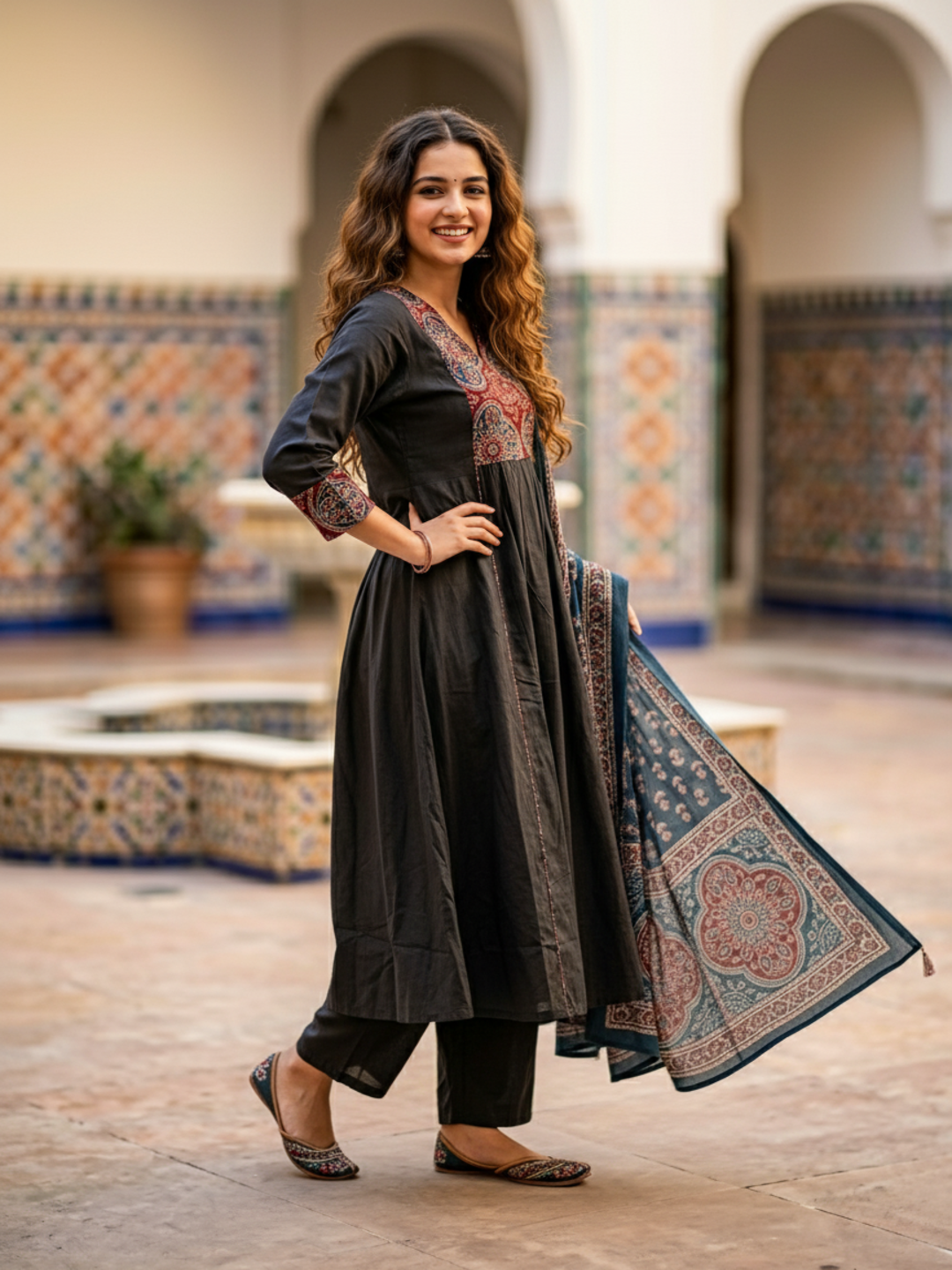 Printed Anarkali Kurta Set with Pant & Dupatta - Black & Teal