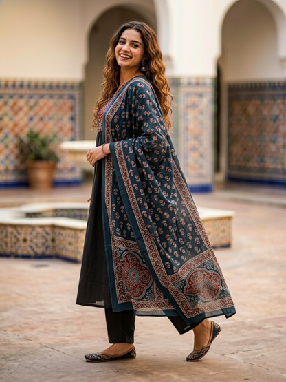 Printed Anarkali Kurta Set with Pant & Dupatta - Black & Teal