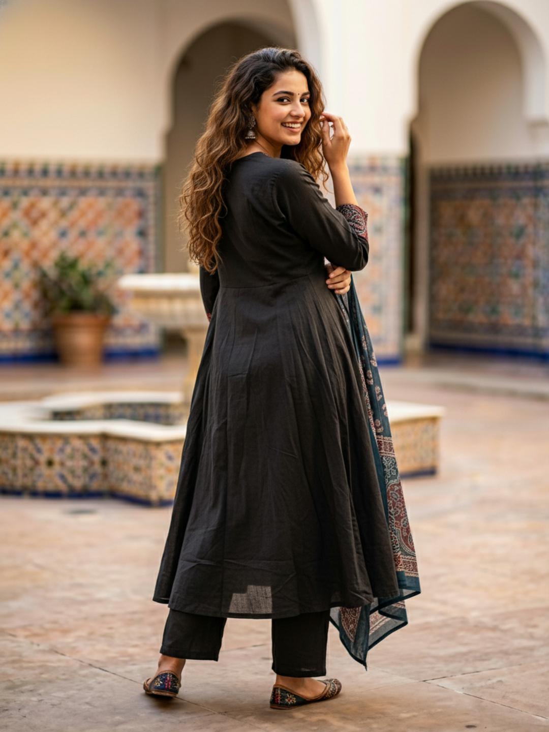 Printed Anarkali Kurta Set with Pant & Dupatta - Black & Teal