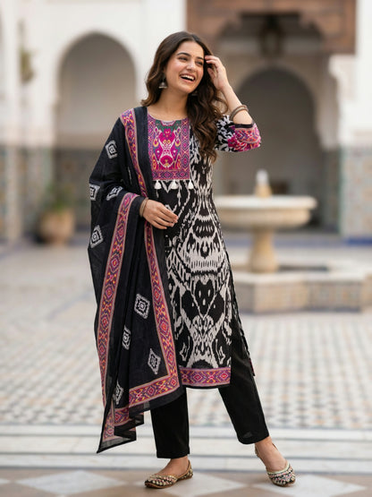 Ikat Inspired Ethnic Printed Straight Kurta with Trouser & Dupatta - Black