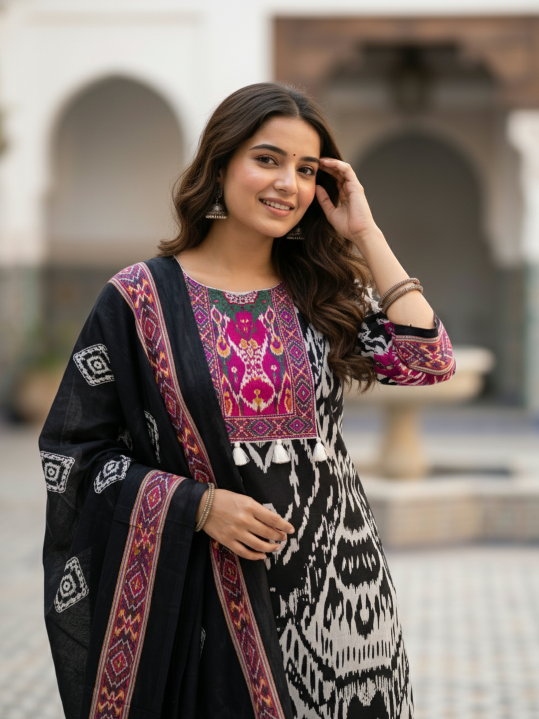 Ikat Inspired Ethnic Printed Straight Kurta with Trouser & Dupatta - Black