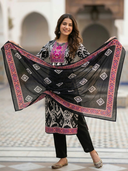 Ikat Inspired Ethnic Printed Straight Kurta with Trouser & Dupatta - Black