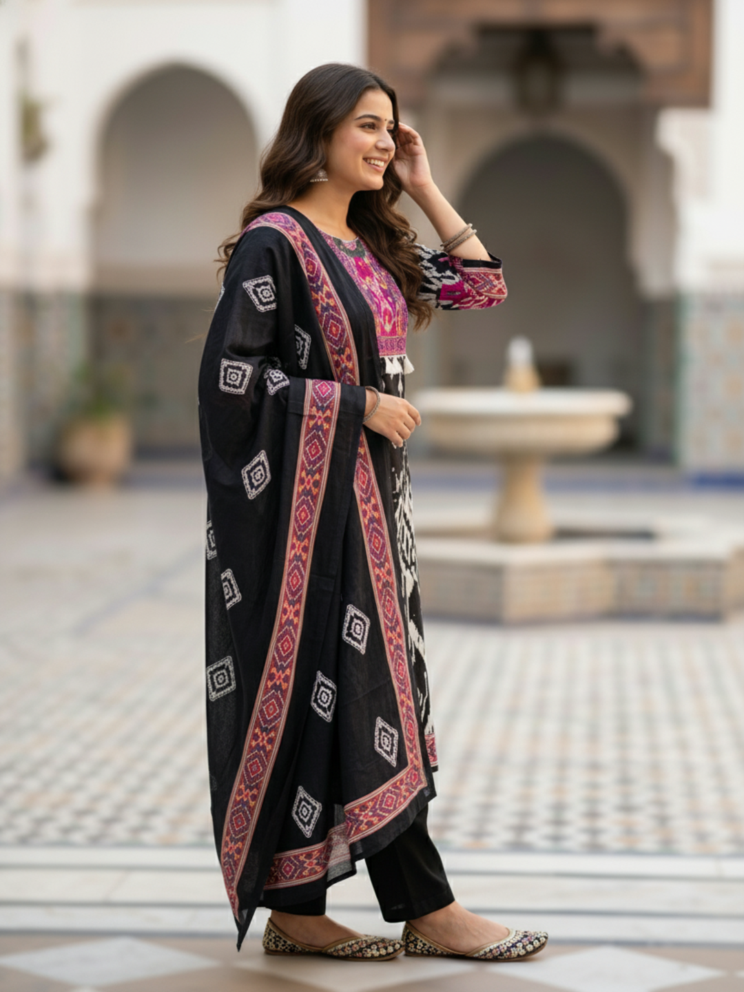 Ikat Inspired Ethnic Printed Straight Kurta with Trouser & Dupatta - Black