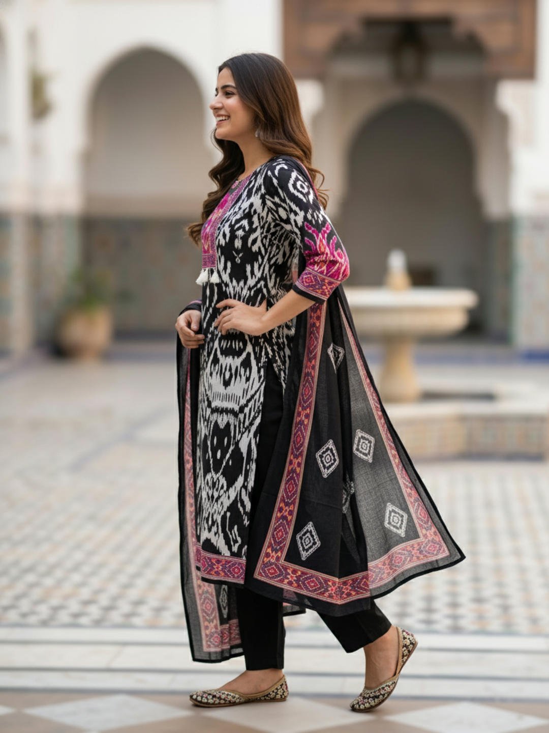 Ikat Inspired Ethnic Printed Straight Kurta with Trouser & Dupatta - Black