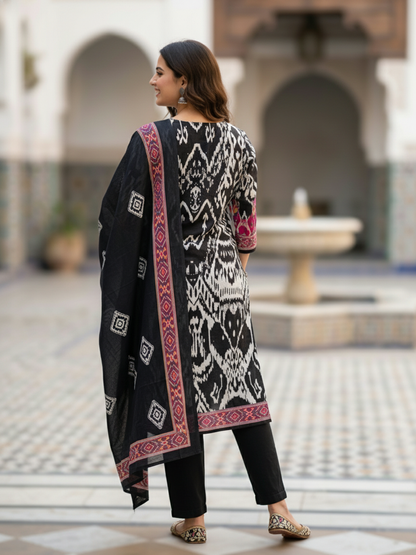 Ikat Inspired Ethnic Printed Straight Kurta with Trouser & Dupatta - Black
