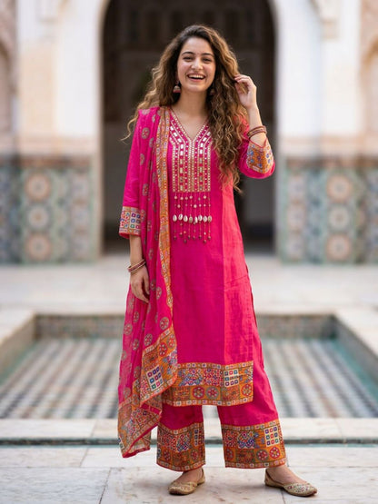 Kutch Printed Mirror Work Straight Kurta with Palazzo & Dupatta - Pink