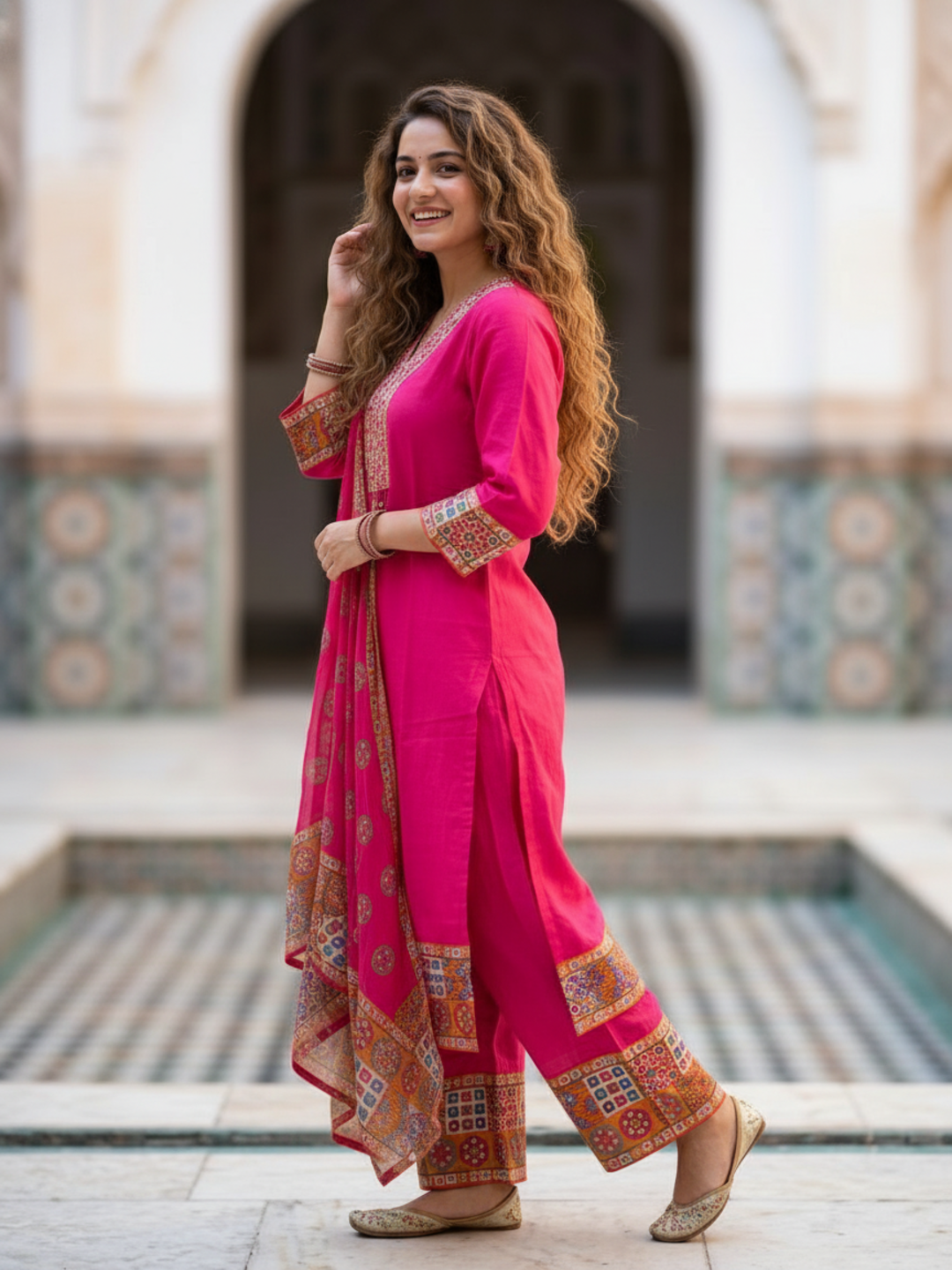 Kutch Printed Mirror Work Straight Kurta with Palazzo & Dupatta - Pink