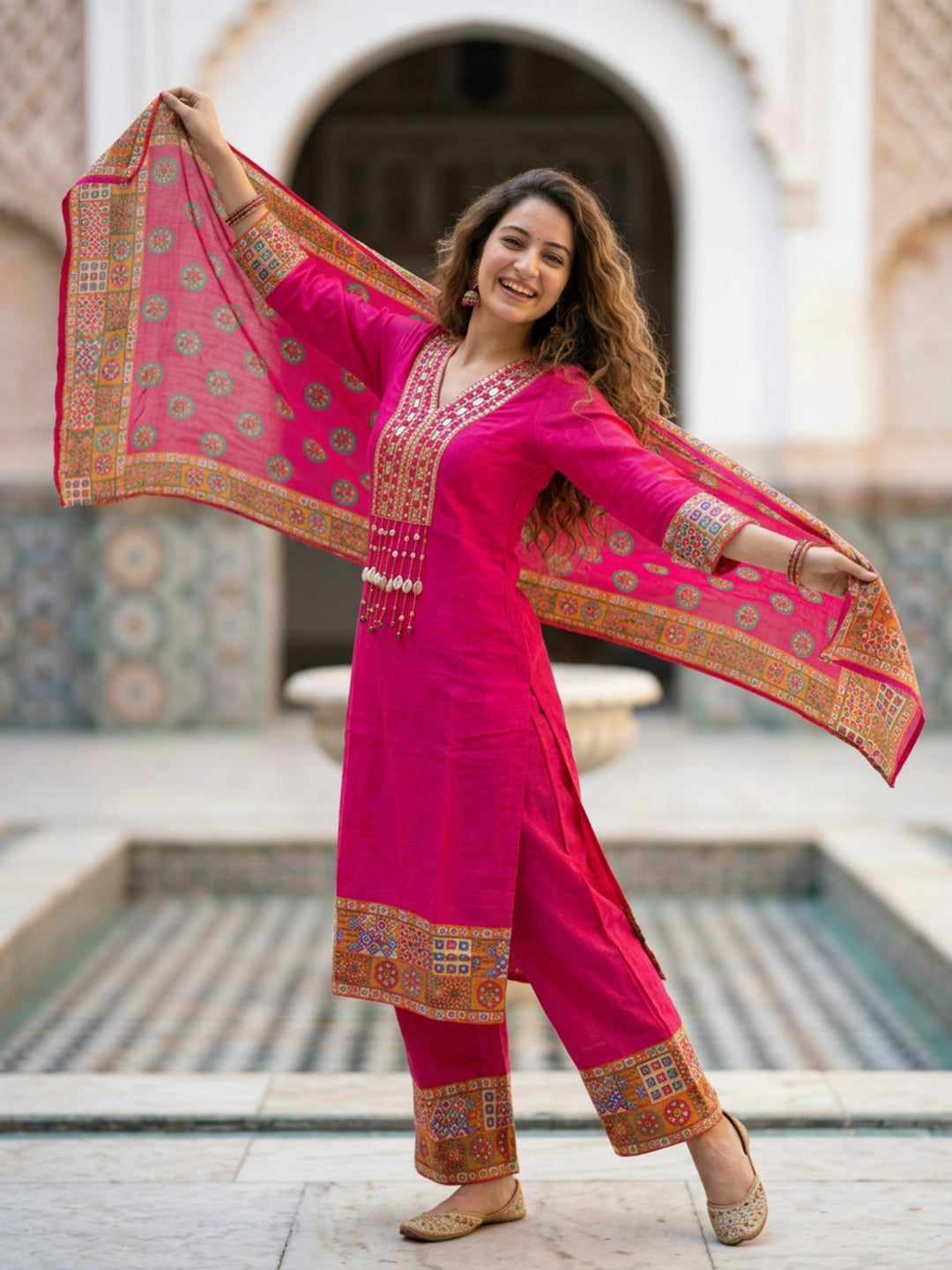 Kutch Printed Mirror Work Straight Kurta with Palazzo & Dupatta - Pink