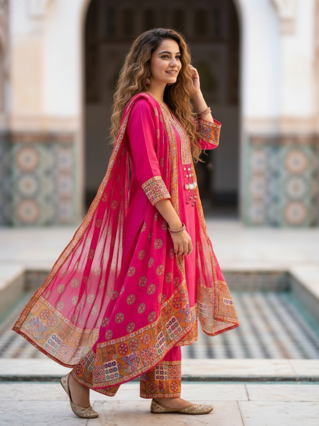 Kutch Printed Mirror Work Straight Kurta with Palazzo & Dupatta - Pink