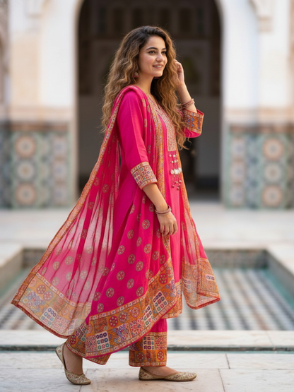 Kutch Printed Mirror Work Straight Kurta with Palazzo & Dupatta - Pink