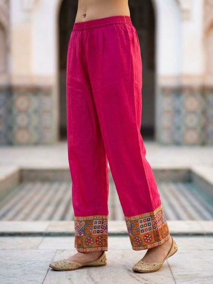 Kutch Printed Mirror Work Straight Kurta with Palazzo & Dupatta - Pink