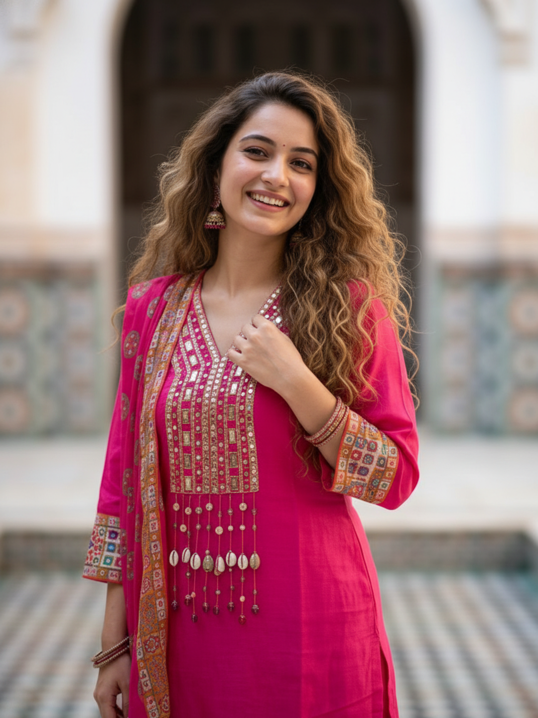 Kutch Printed Mirror Work Straight Kurta with Palazzo & Dupatta - Pink