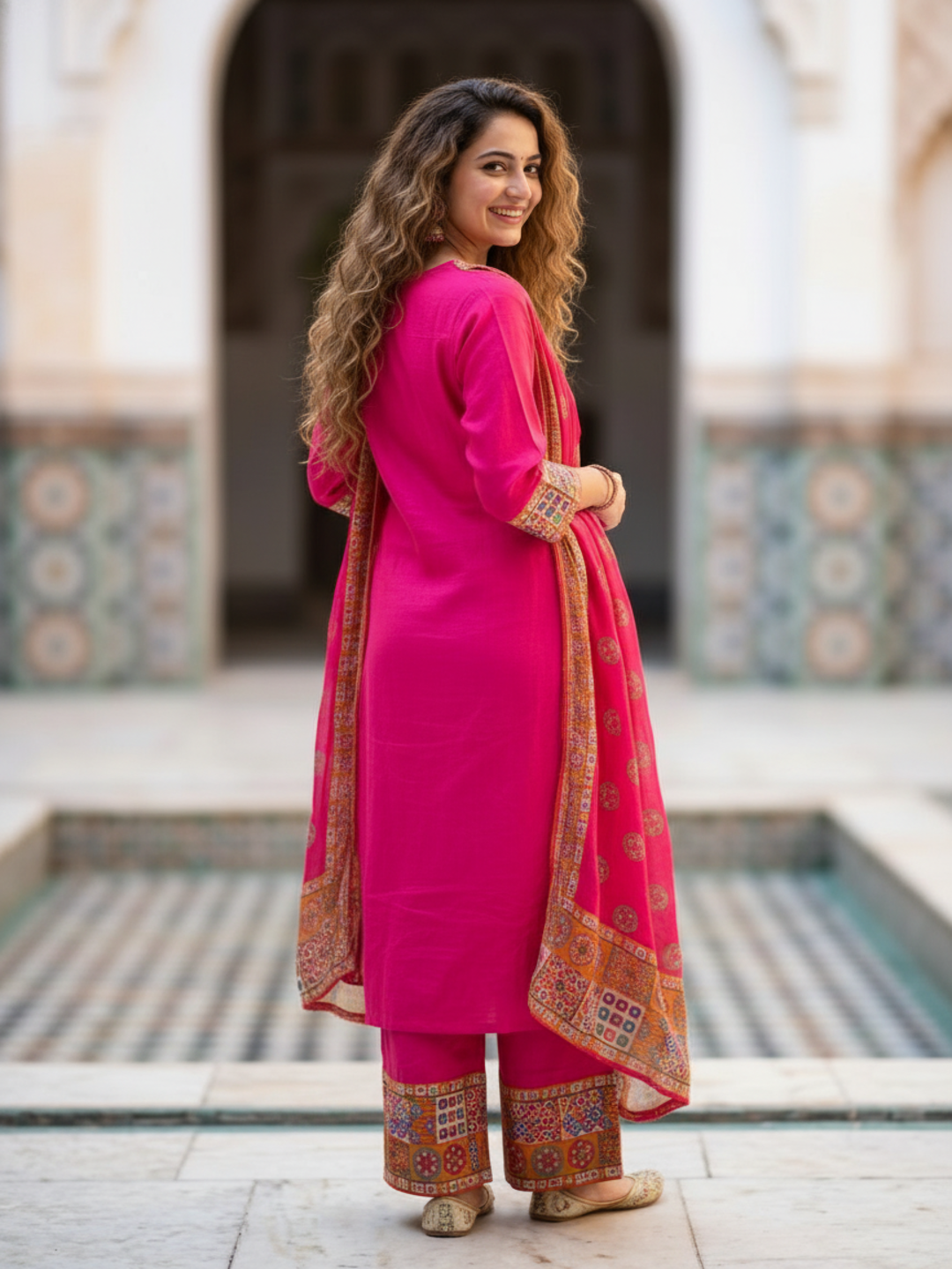 Kutch Printed Mirror Work Straight Kurta with Palazzo & Dupatta - Pink