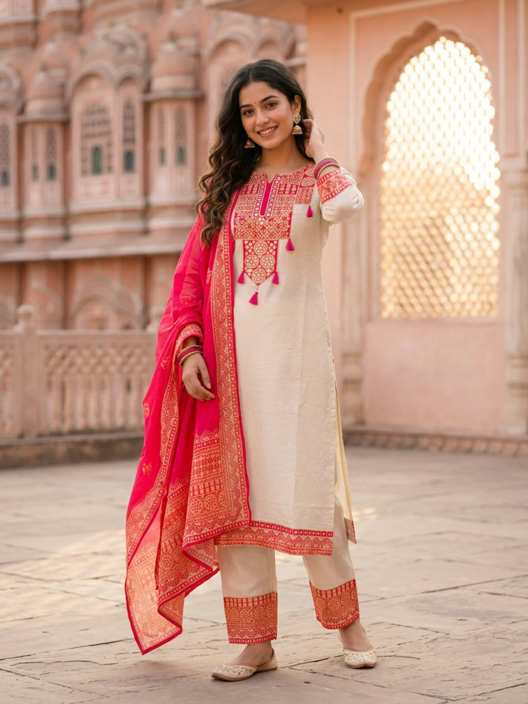 Ethnic Printed Embroidered A-Line Kurta with Palazzo & Dupatta - Cream & Pink