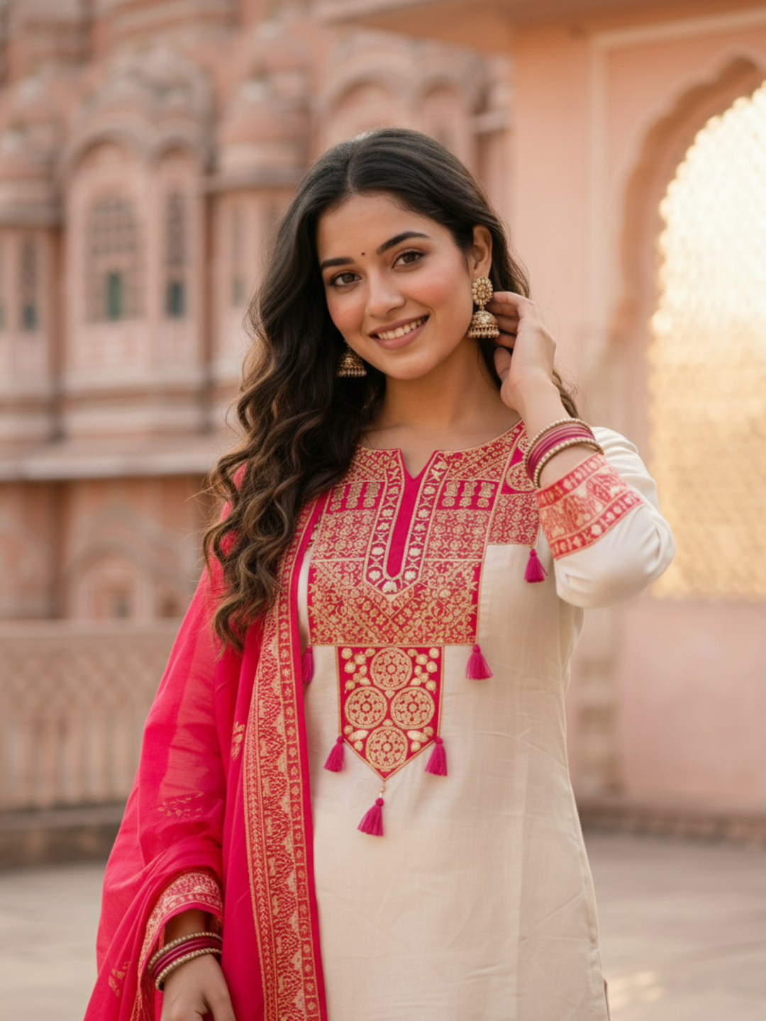 Ethnic Printed Embroidered A-Line Kurta with Palazzo & Dupatta - Cream & Pink