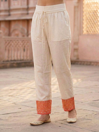 Ethnic Printed Embroidered A-Line Kurta with Palazzo & Dupatta - Cream & Pink