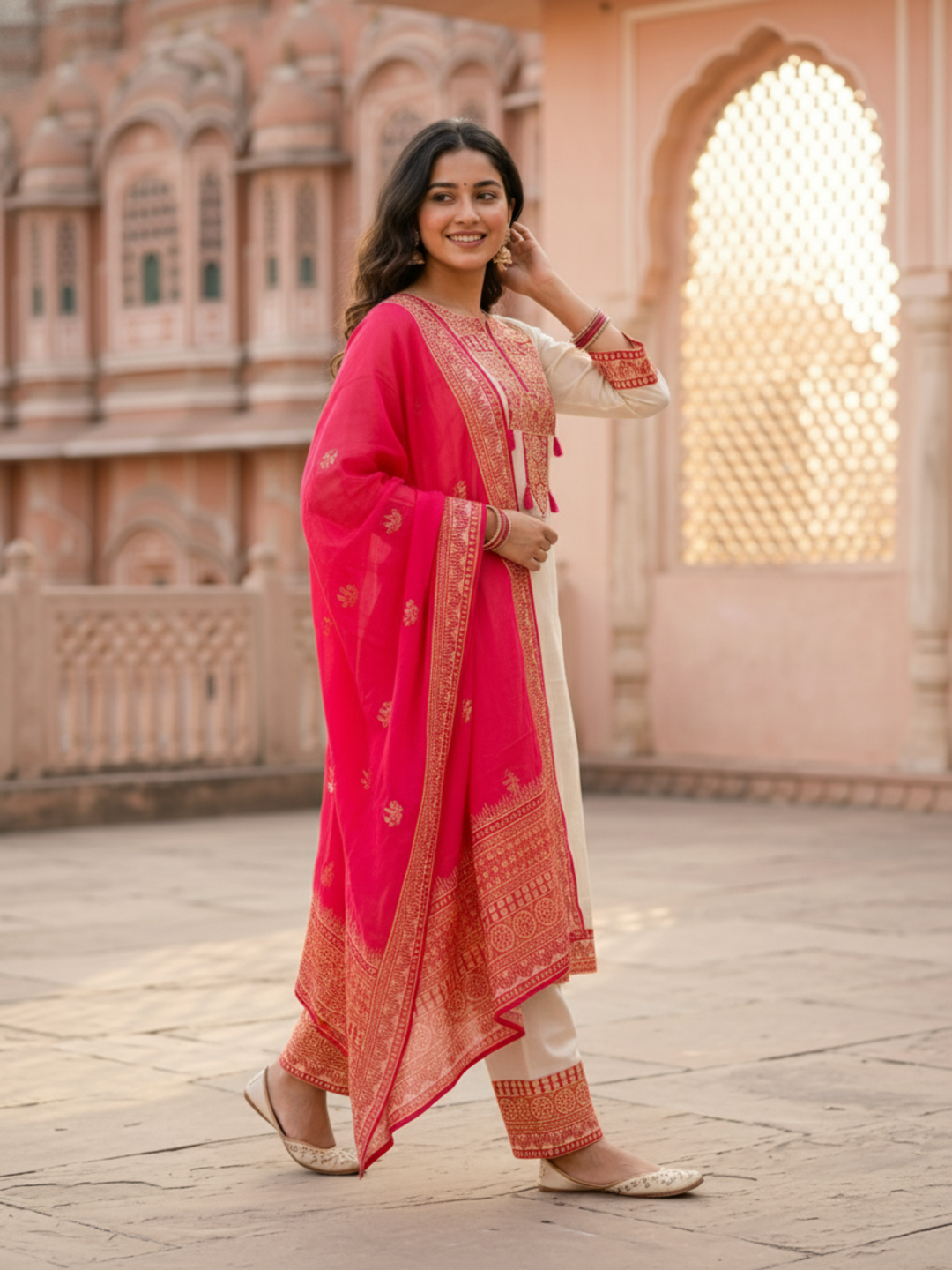 Ethnic Printed Embroidered A-Line Kurta with Palazzo & Dupatta - Cream & Pink