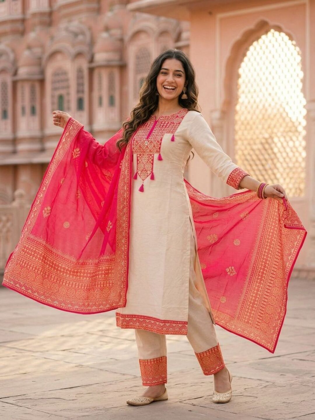 Ethnic Printed Embroidered A-Line Kurta with Palazzo & Dupatta - Cream & Pink