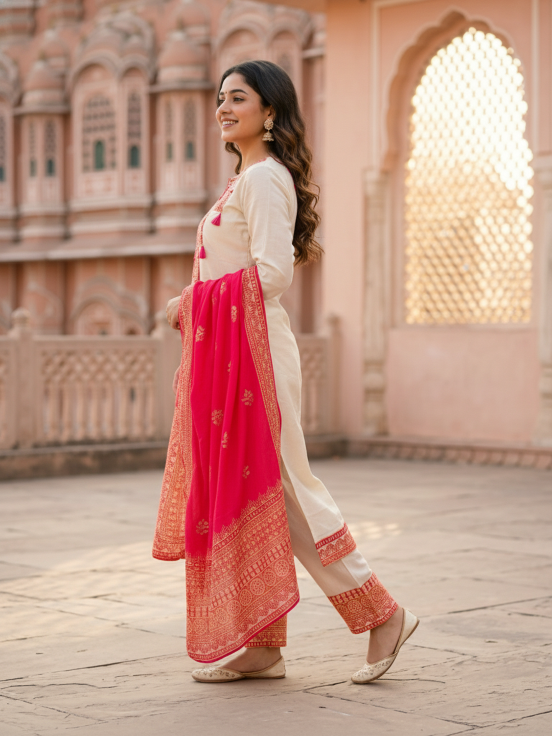 Ethnic Printed Embroidered A-Line Kurta with Palazzo & Dupatta - Cream & Pink