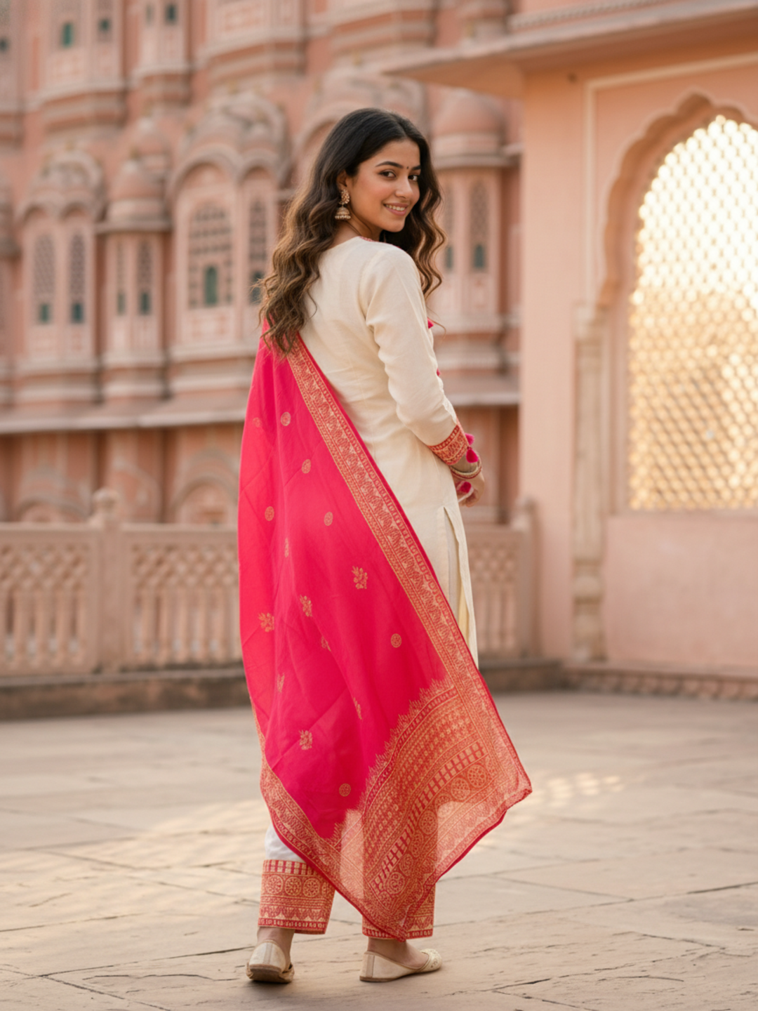 Ethnic Printed Embroidered A-Line Kurta with Palazzo & Dupatta - Cream & Pink