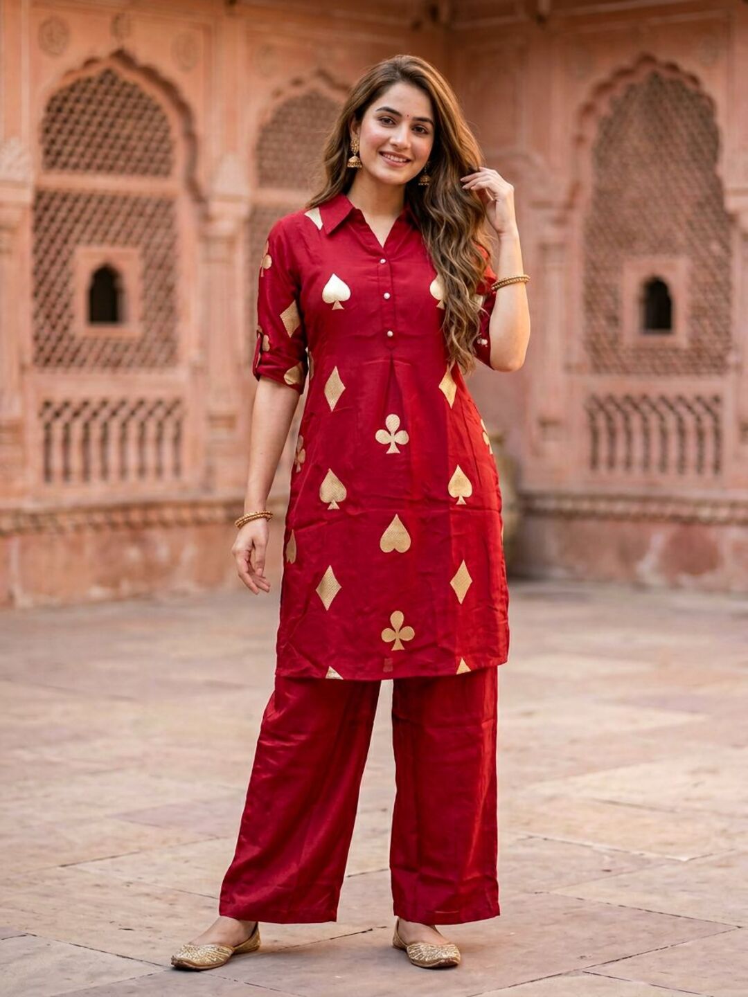 Brocade Silk Crepe Straight Kurta with Palazzo - Cherry Red