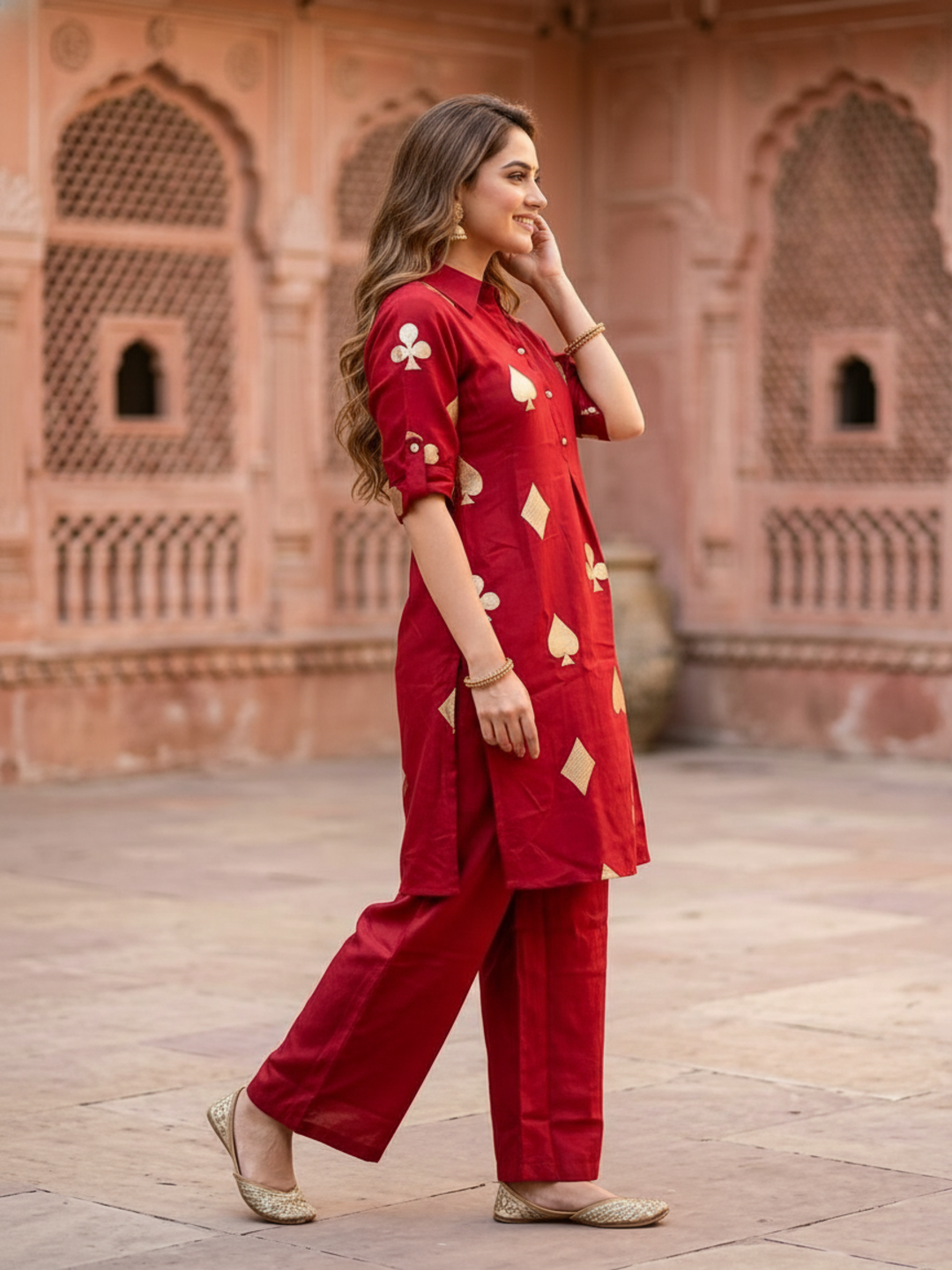Brocade Silk Crepe Straight Kurta with Palazzo - Cherry Red