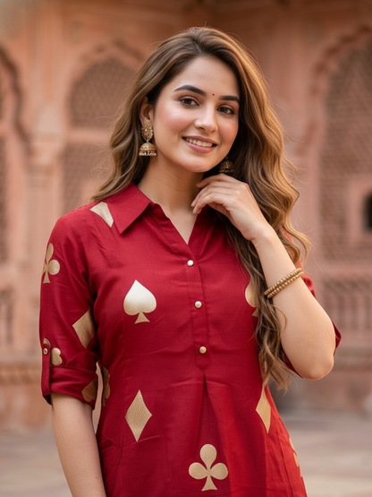 Brocade Silk Crepe Straight Kurta with Palazzo - Cherry Red