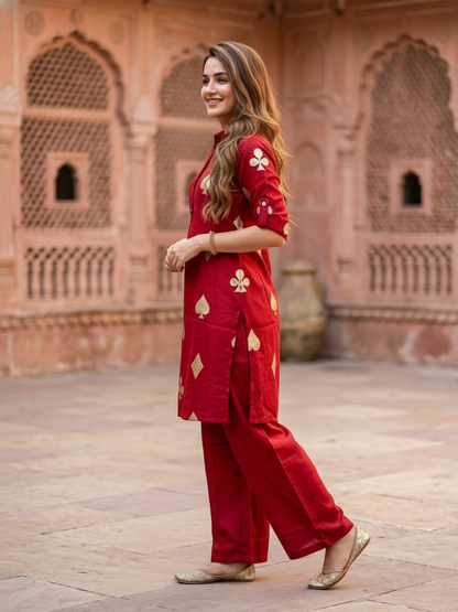 Brocade Silk Crepe Straight Kurta with Palazzo - Cherry Red