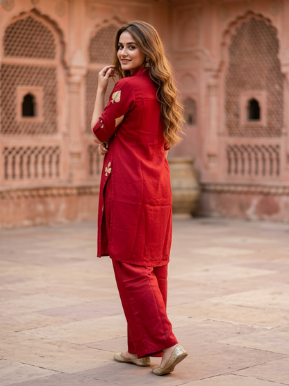 Brocade Silk Crepe Straight Kurta with Palazzo - Cherry Red