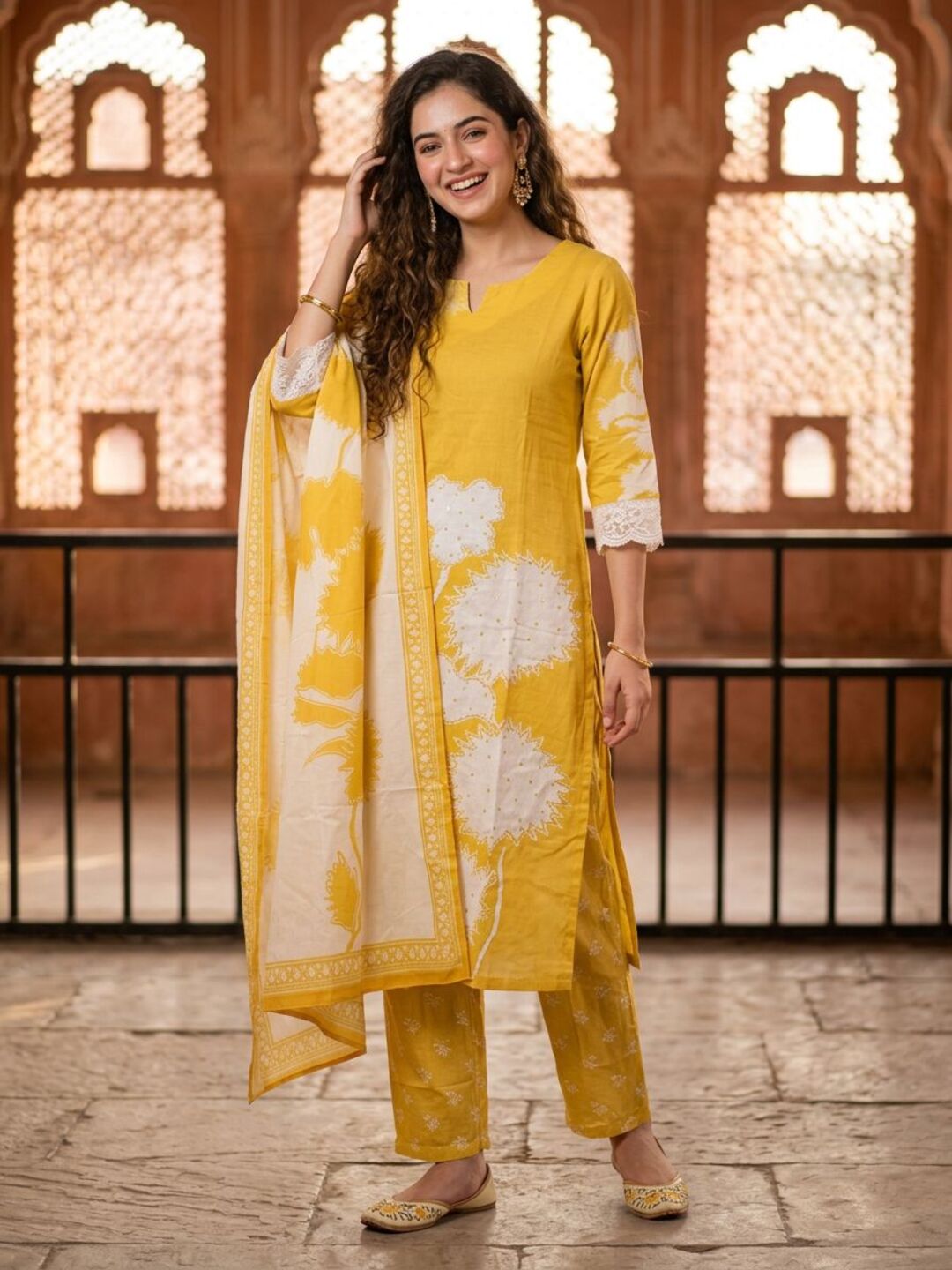 Abstract Printed Sequin Straight Kurta with Trouser & Dupatta - Yellow