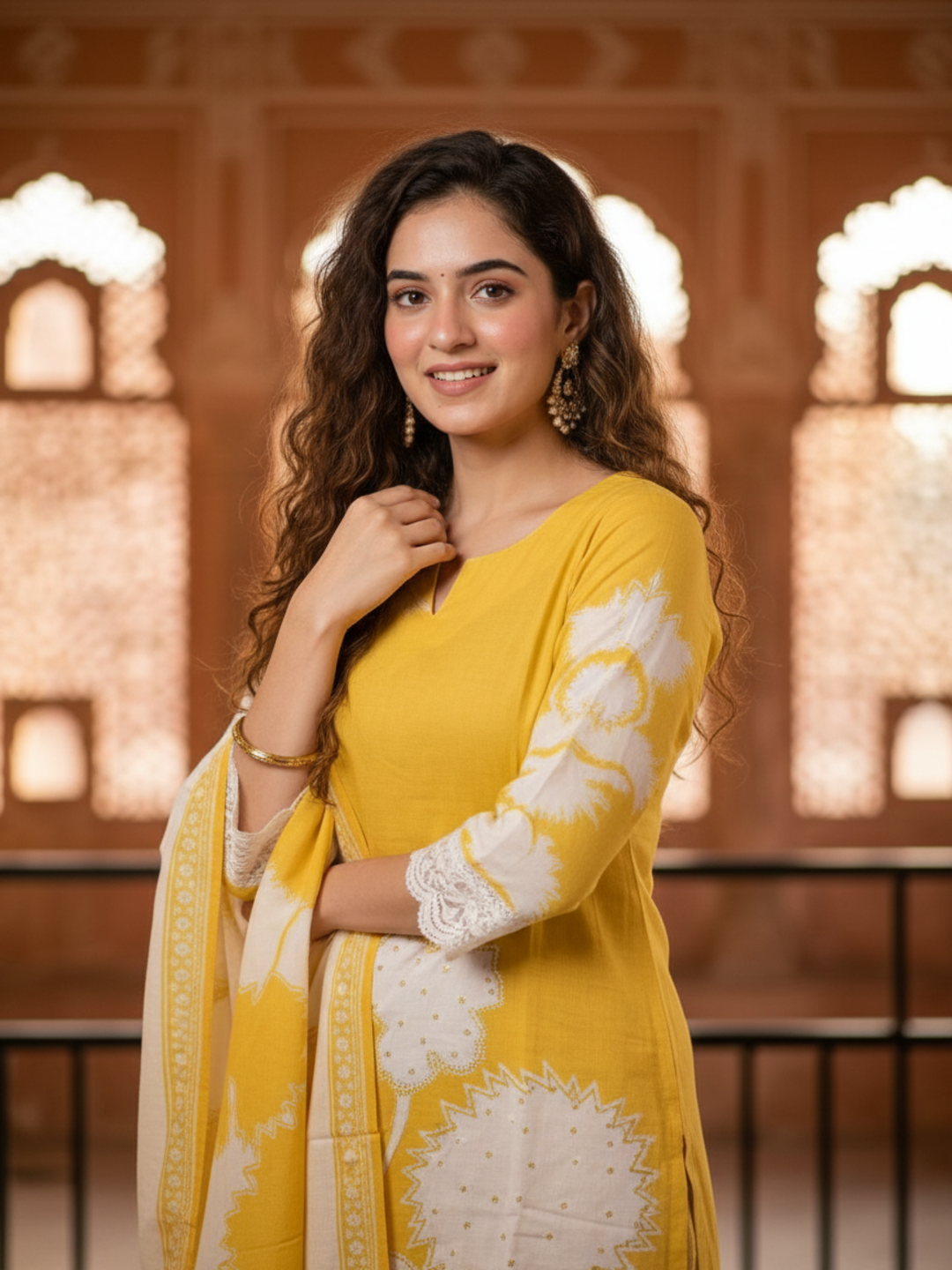 Abstract Printed Sequin Straight Kurta with Trouser & Dupatta - Yellow