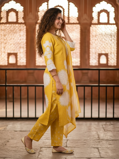 Abstract Printed Sequin Straight Kurta with Trouser & Dupatta - Yellow