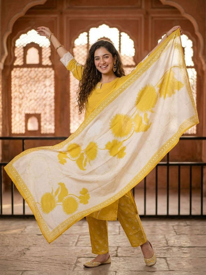 Abstract Printed Sequin Straight Kurta with Trouser & Dupatta - Yellow
