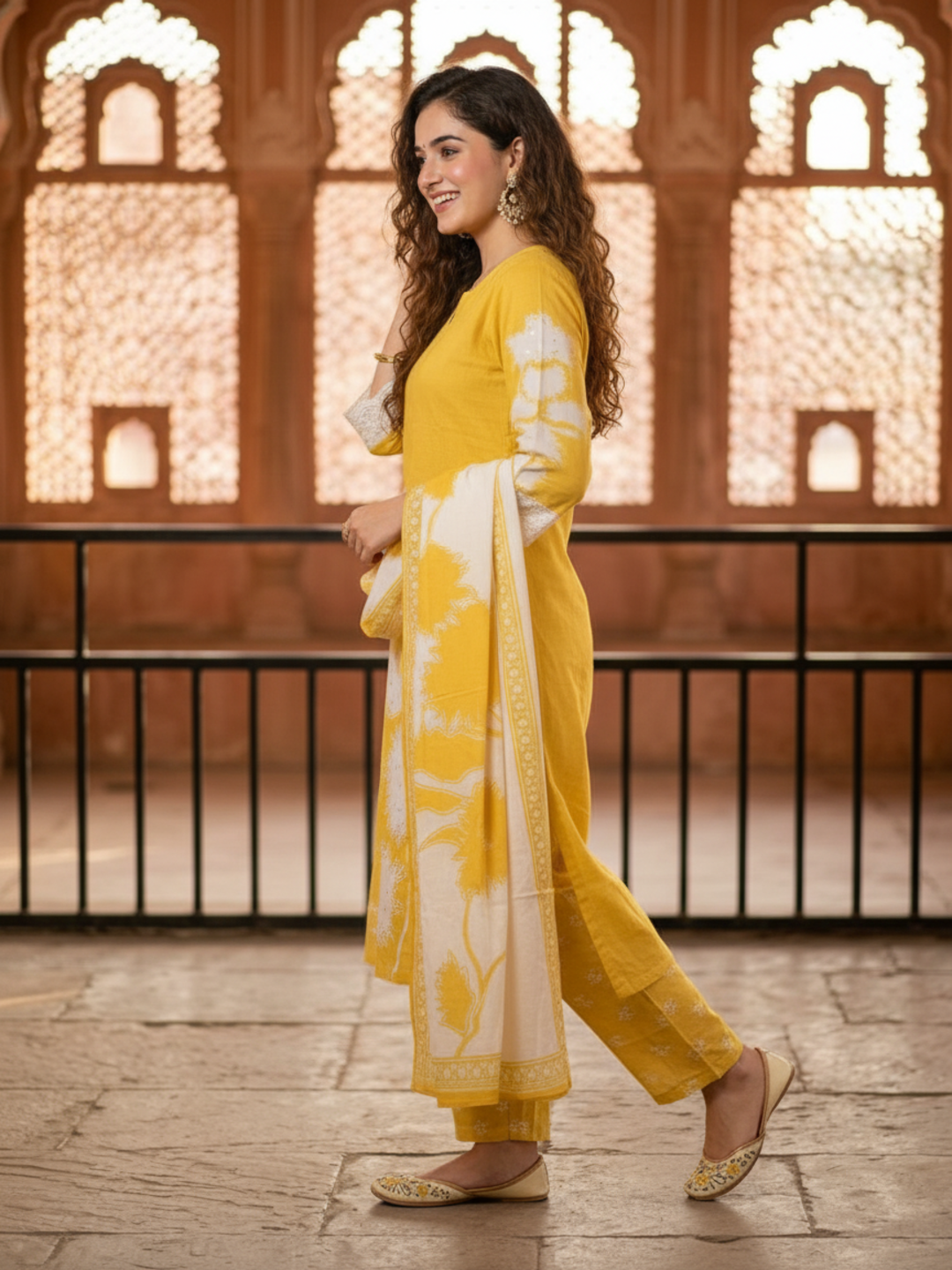 Abstract Printed Sequin Straight Kurta with Trouser & Dupatta - Yellow