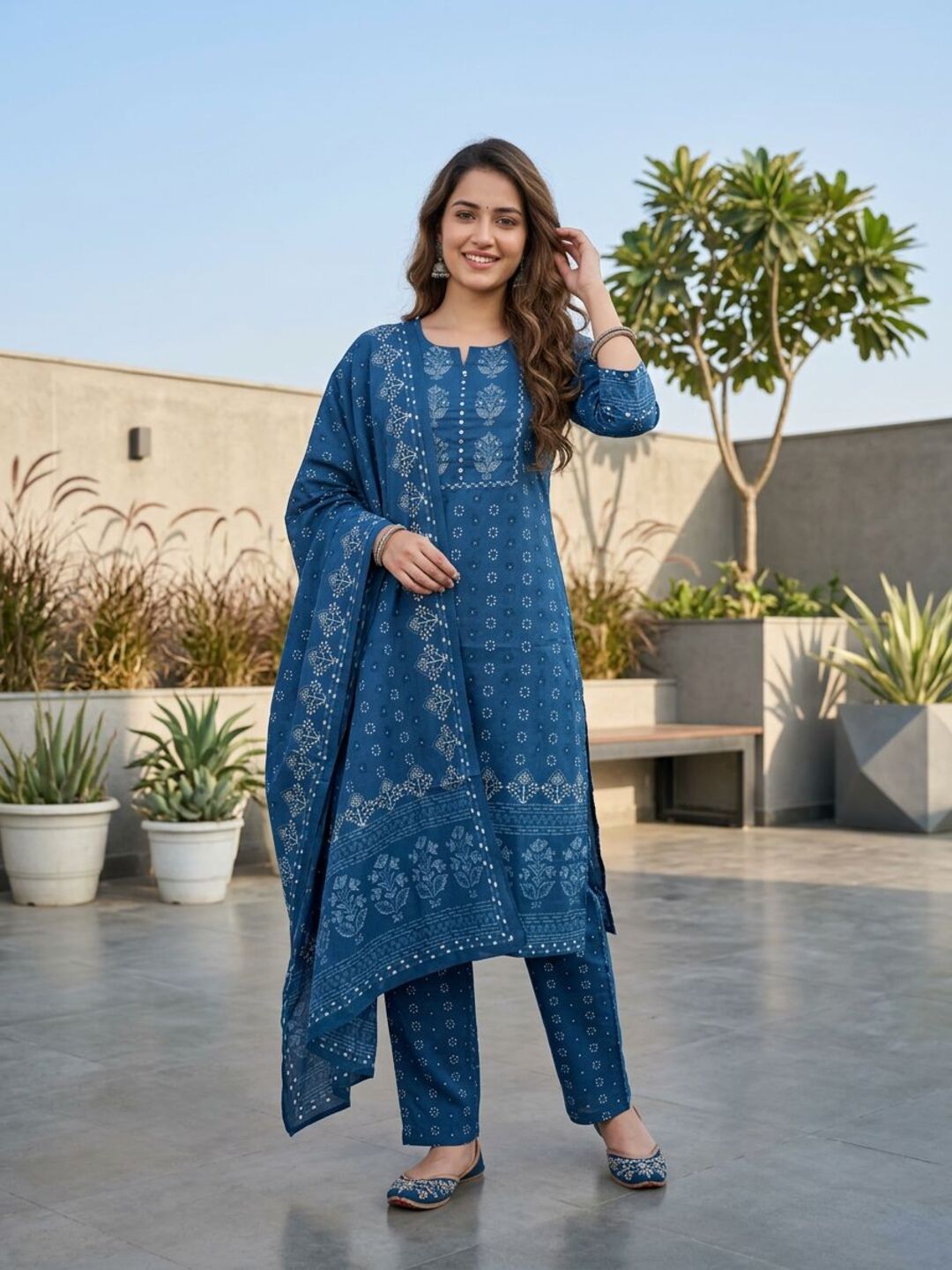 Ethnic Boota Printed Mirror Work Straight Kurta with Pyjama & Dupatta - Blue