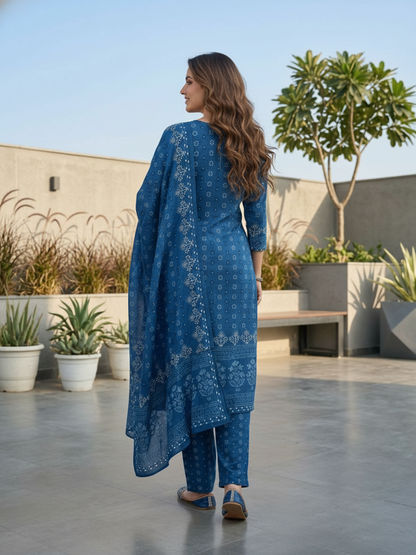 Ethnic Boota Printed Mirror Work Straight Kurta with Pyjama & Dupatta - Blue