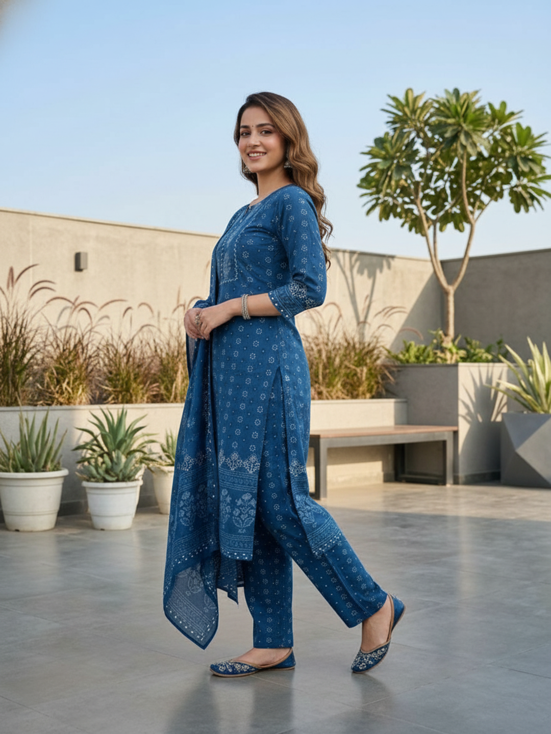 Ethnic Boota Printed Mirror Work Straight Kurta with Pyjama & Dupatta - Blue