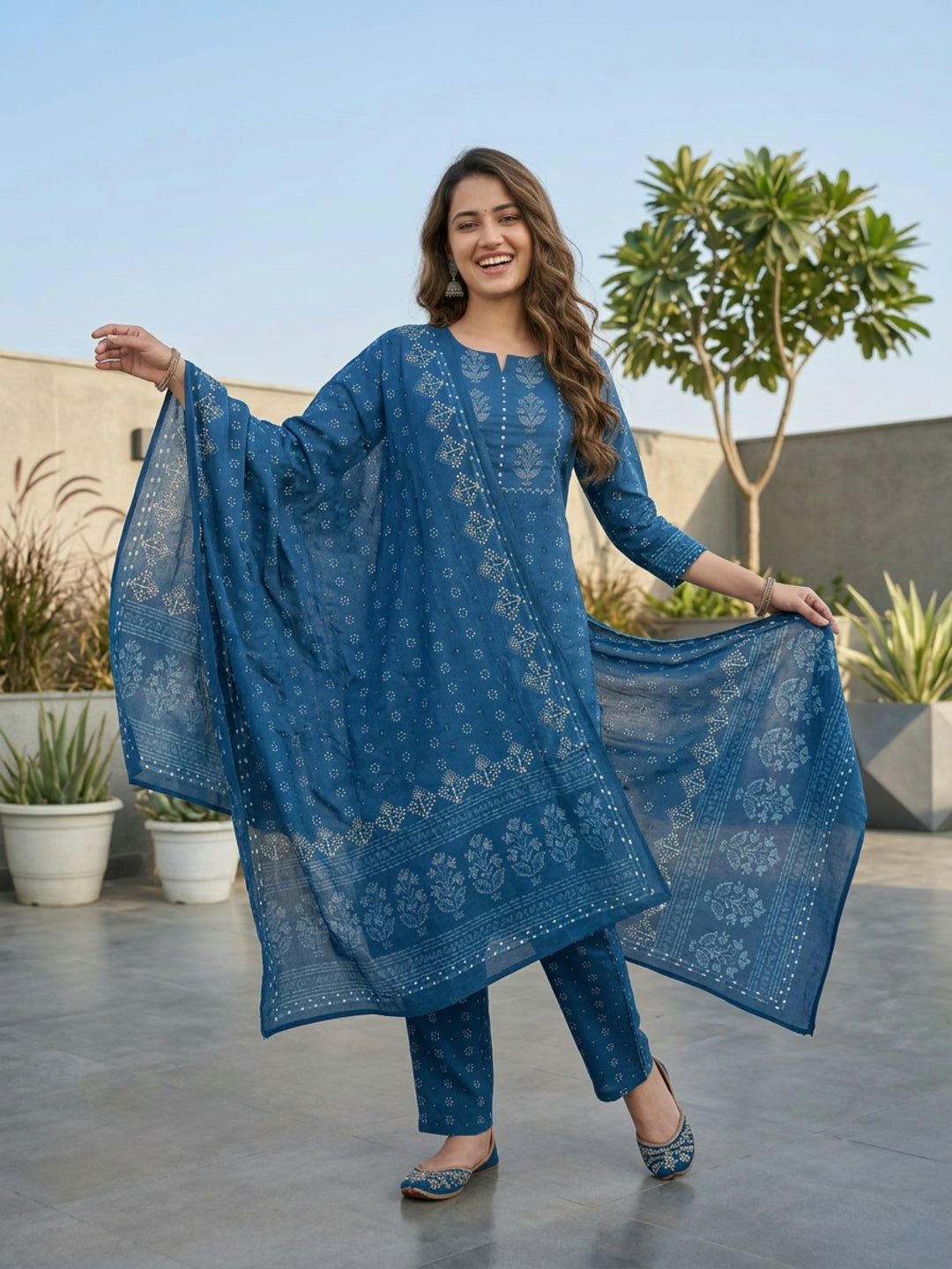 Ethnic Boota Printed Mirror Work Straight Kurta with Pyjama & Dupatta - Blue