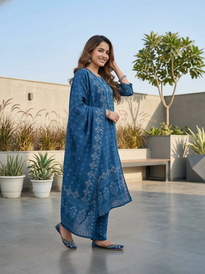 Ethnic Boota Printed Mirror Work Straight Kurta with Pyjama & Dupatta - Blue