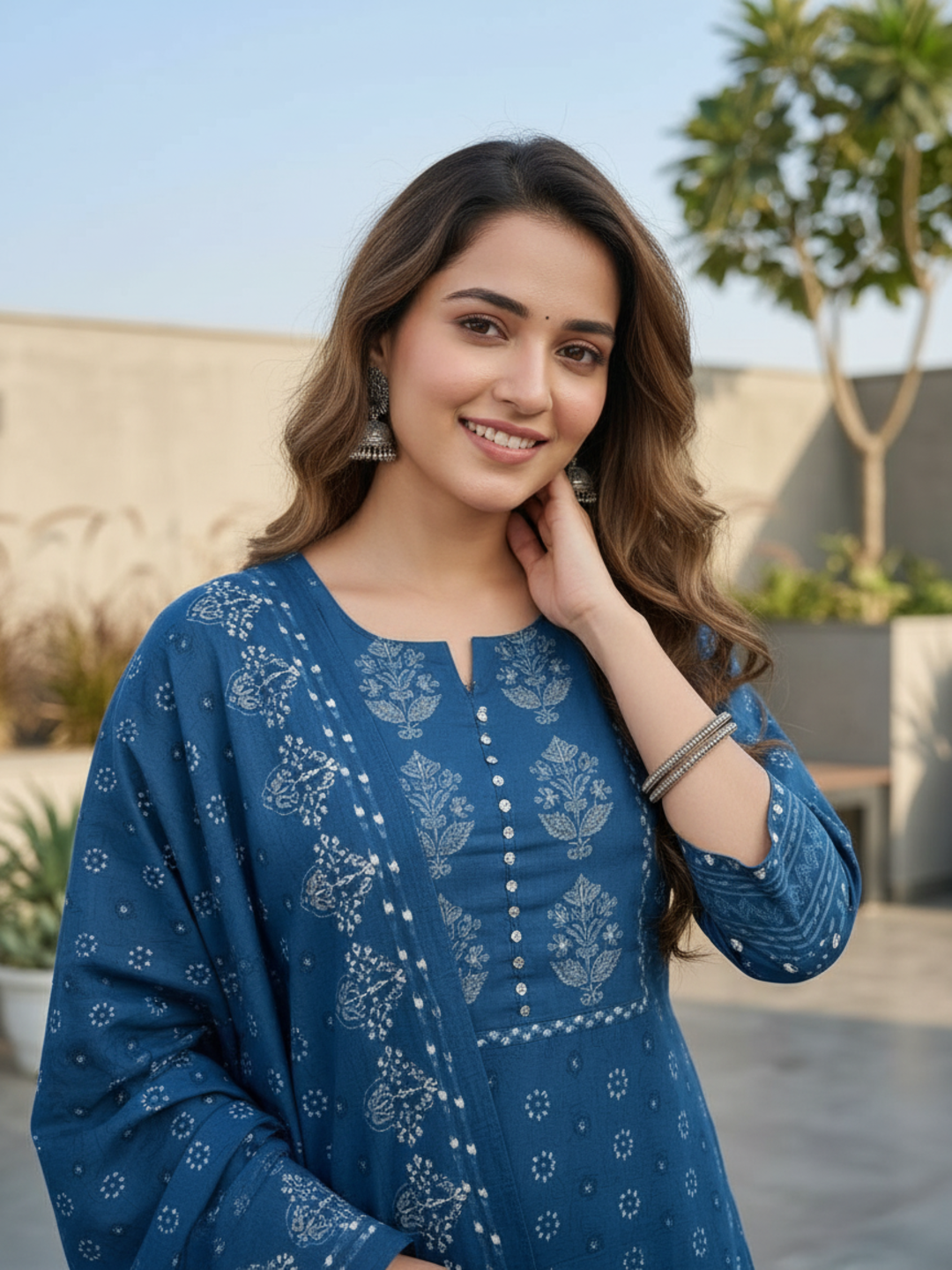 Ethnic Boota Printed Mirror Work Straight Kurta with Pyjama & Dupatta - Blue