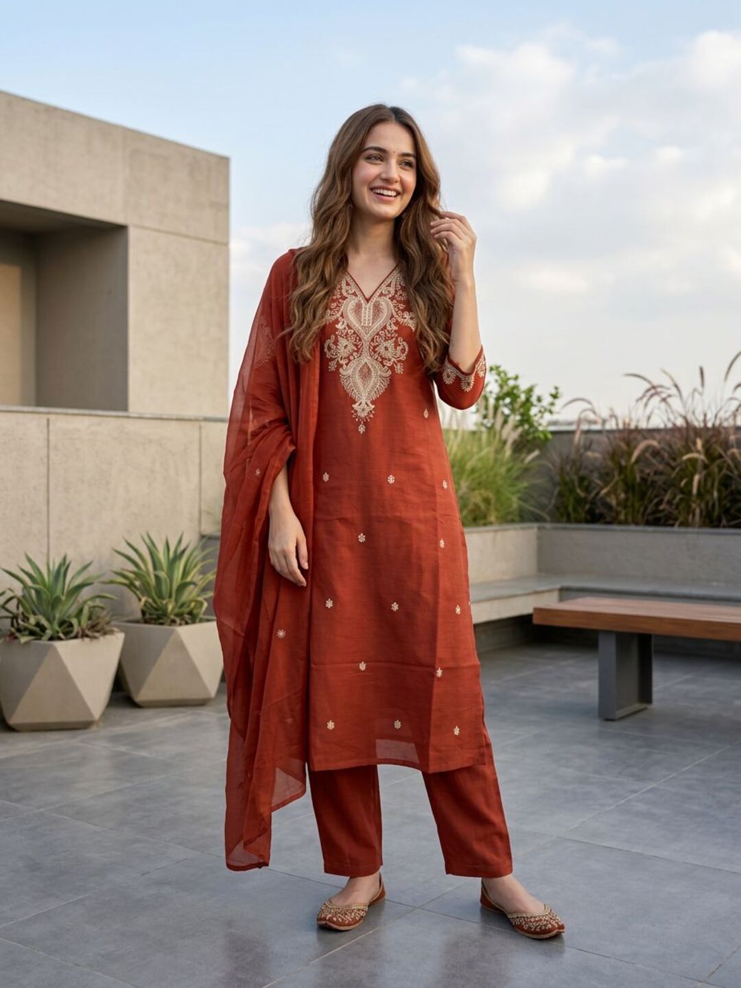 Solid Embroidered Straight Kurta with Palazzo & Dupatta - Rust