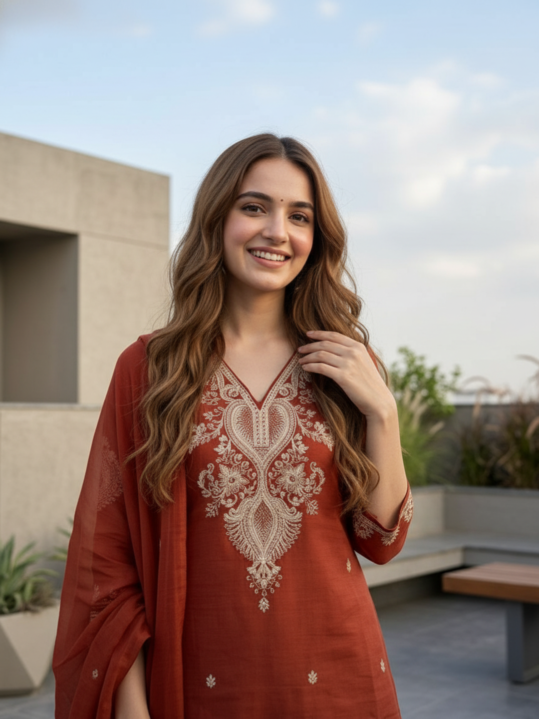 Solid Embroidered Straight Kurta with Palazzo & Dupatta - Rust
