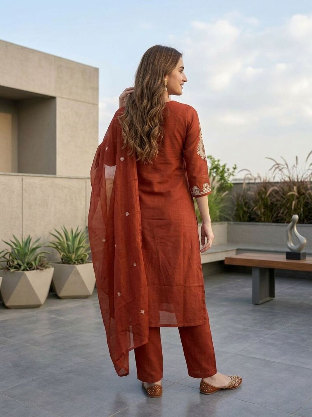 Solid Embroidered Straight Kurta with Palazzo & Dupatta - Rust