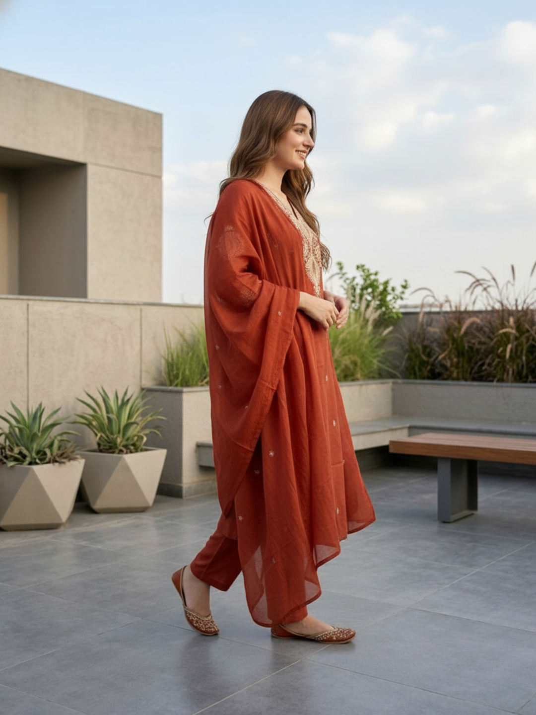 Solid Embroidered Straight Kurta with Palazzo & Dupatta - Rust