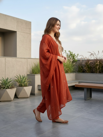 Solid Embroidered Straight Kurta with Palazzo & Dupatta - Rust