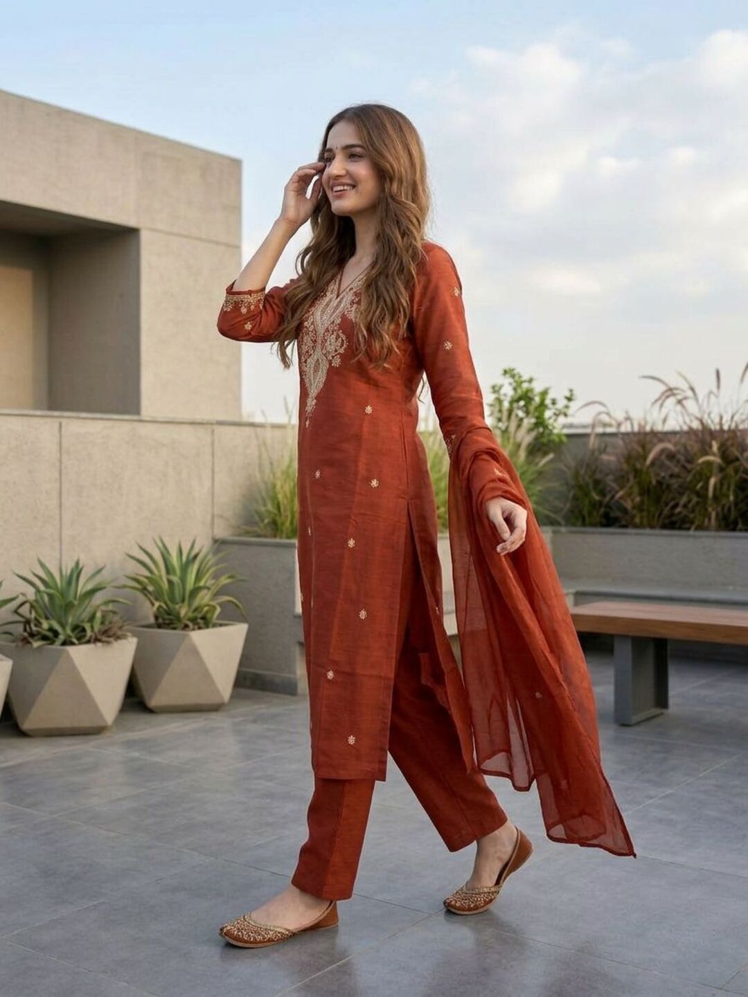 Solid Embroidered Straight Kurta with Palazzo & Dupatta - Rust