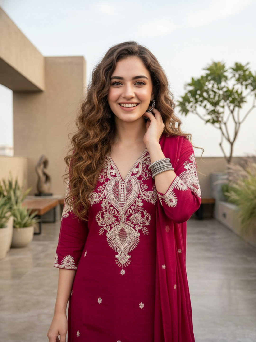 Solid Embroidered Straight Kurta with Palazzo & Dupatta - Rani Pink