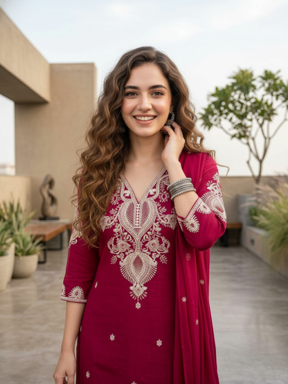 Solid Embroidered Straight Kurta with Palazzo & Dupatta - Rani Pink